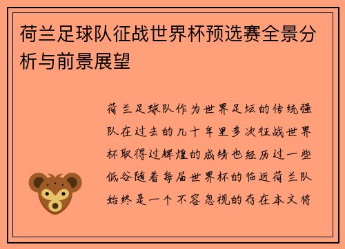 荷兰足球队征战世界杯预选赛全景分析与前景展望